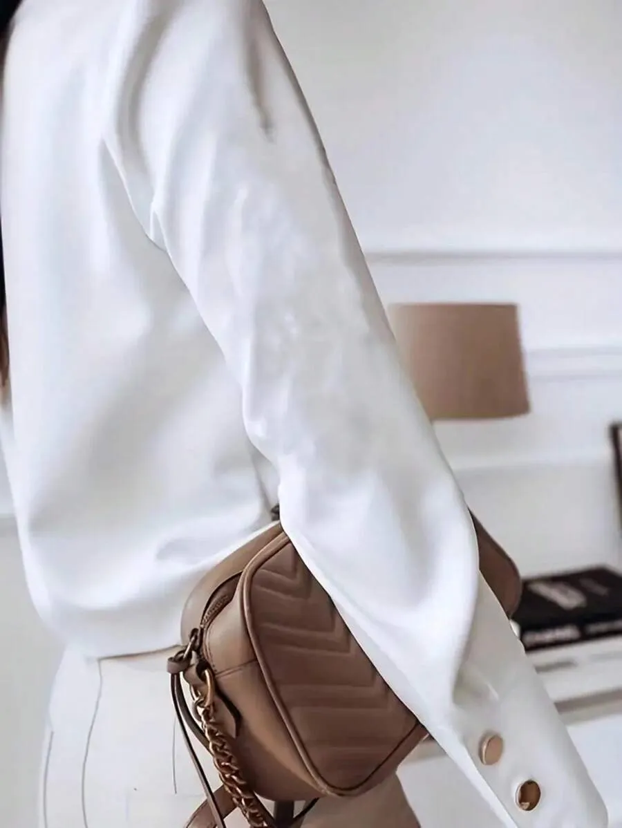 Elegant Solid Stand Collar Long-Sleeve Blouse for Autumn