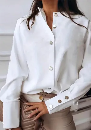Elegant Solid Stand Collar Long-Sleeve Blouse for Autumn