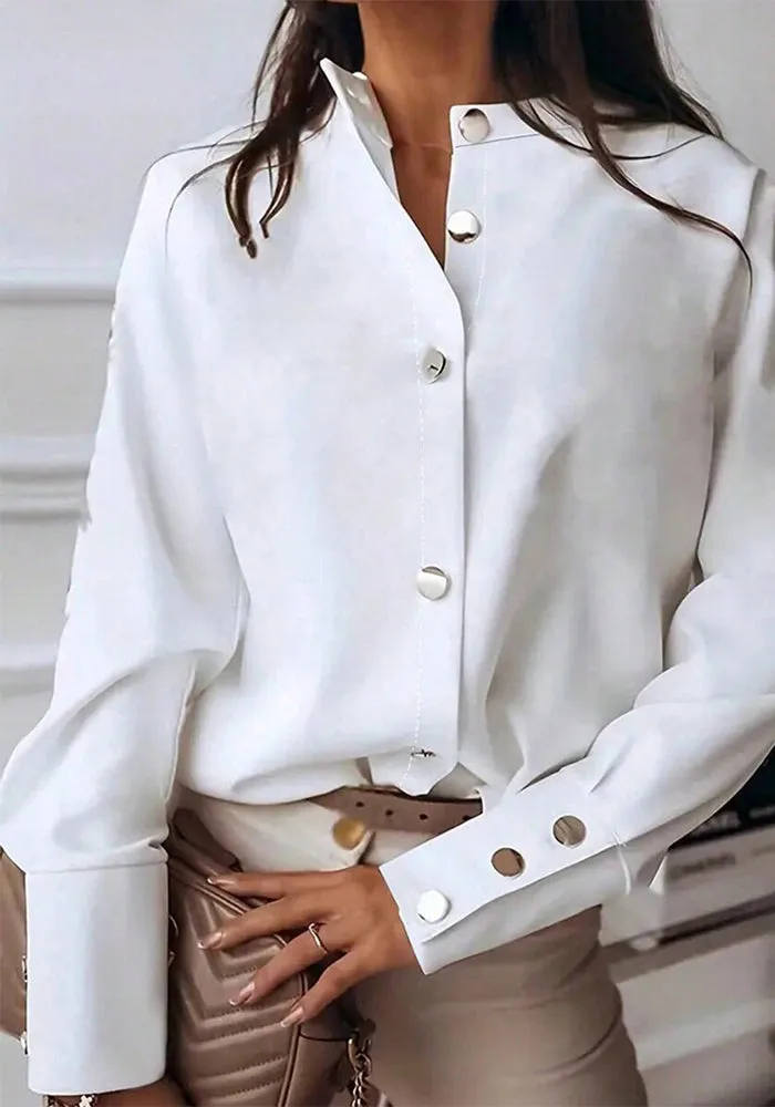 Elegant Solid Stand Collar Long-Sleeve Blouse for Autumn