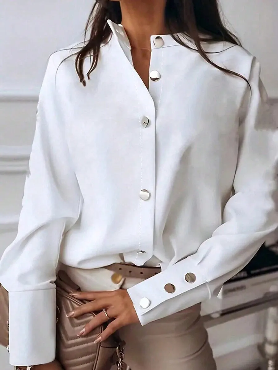 Elegant Solid Stand Collar Long-Sleeve Blouse for Autumn