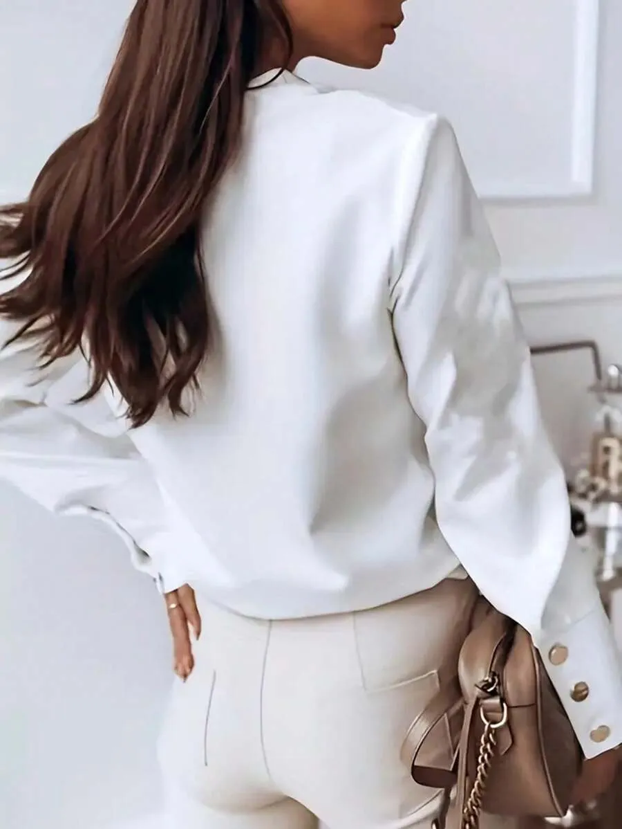 Elegant Solid Stand Collar Long-Sleeve Blouse for Autumn