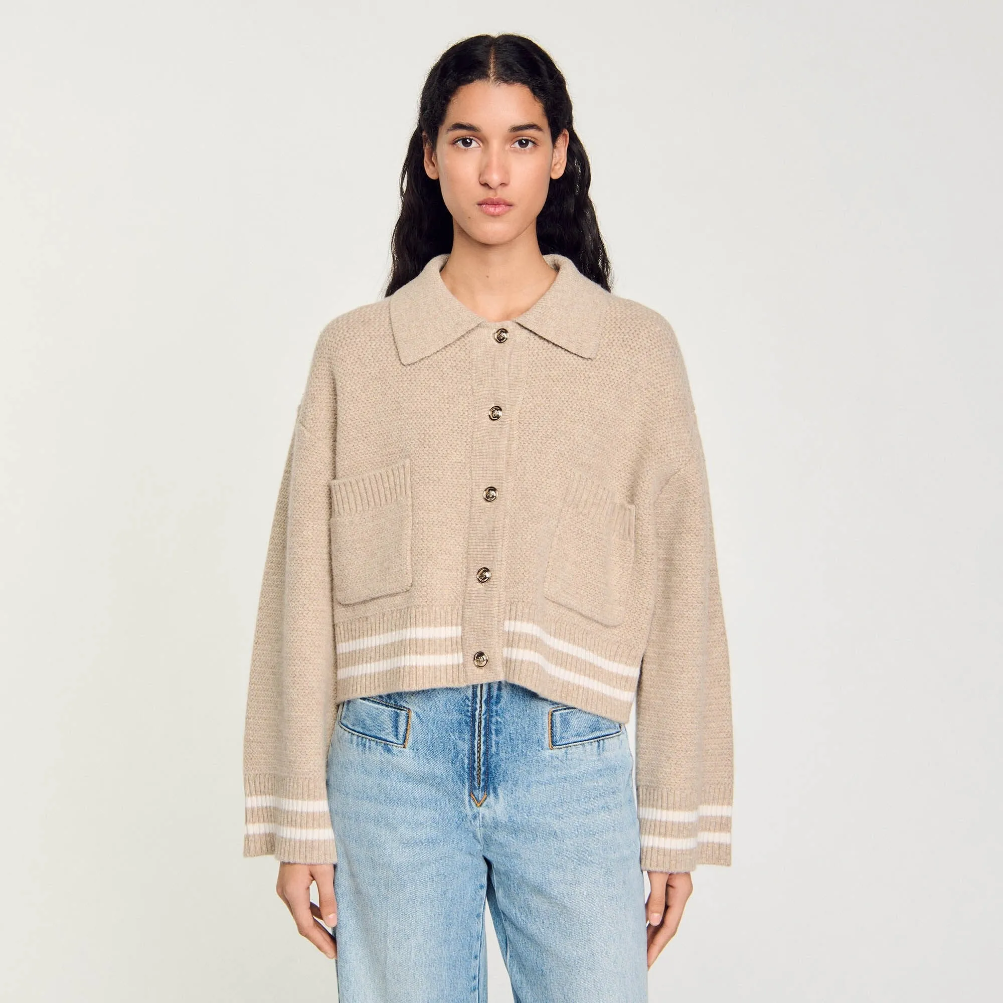 Enchanteur Decorative Stitch Cardigan Beige
