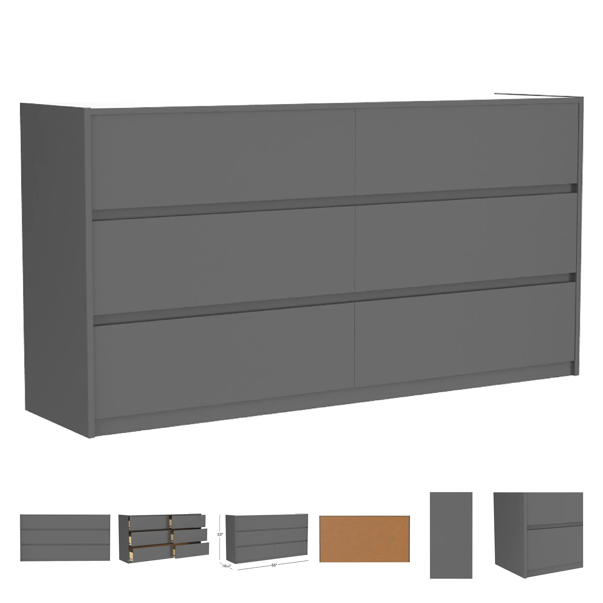 Farona 6 drawer double dresser for bedroom decoration, dark grey
