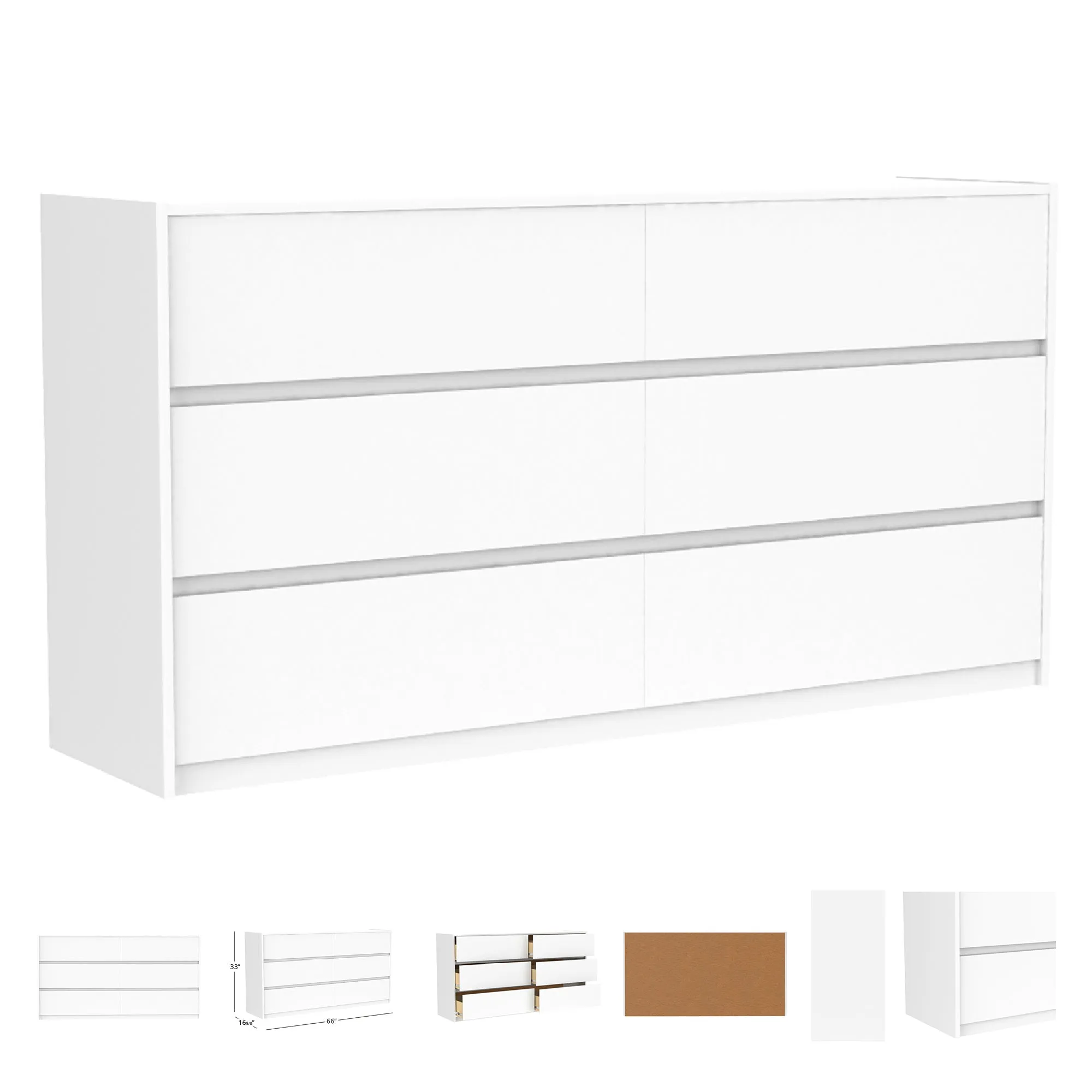 Farona 6 drawer double dresser for bedroom decoration, white