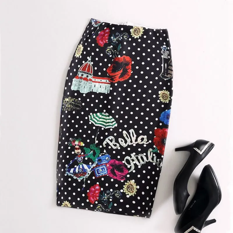 Fashion Women Print Office Skirt Spring Summer Knee-Length Pencil Back Split Skirts High Quality Faldas Saia Midi Femme