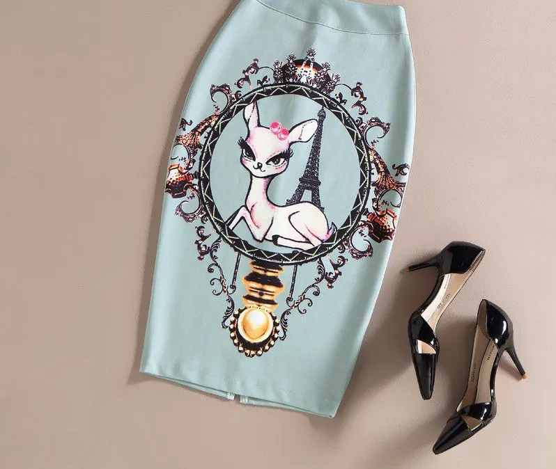Fashion Women Print Office Skirt Spring Summer Knee-Length Pencil Back Split Skirts High Quality Faldas Saia Midi Femme