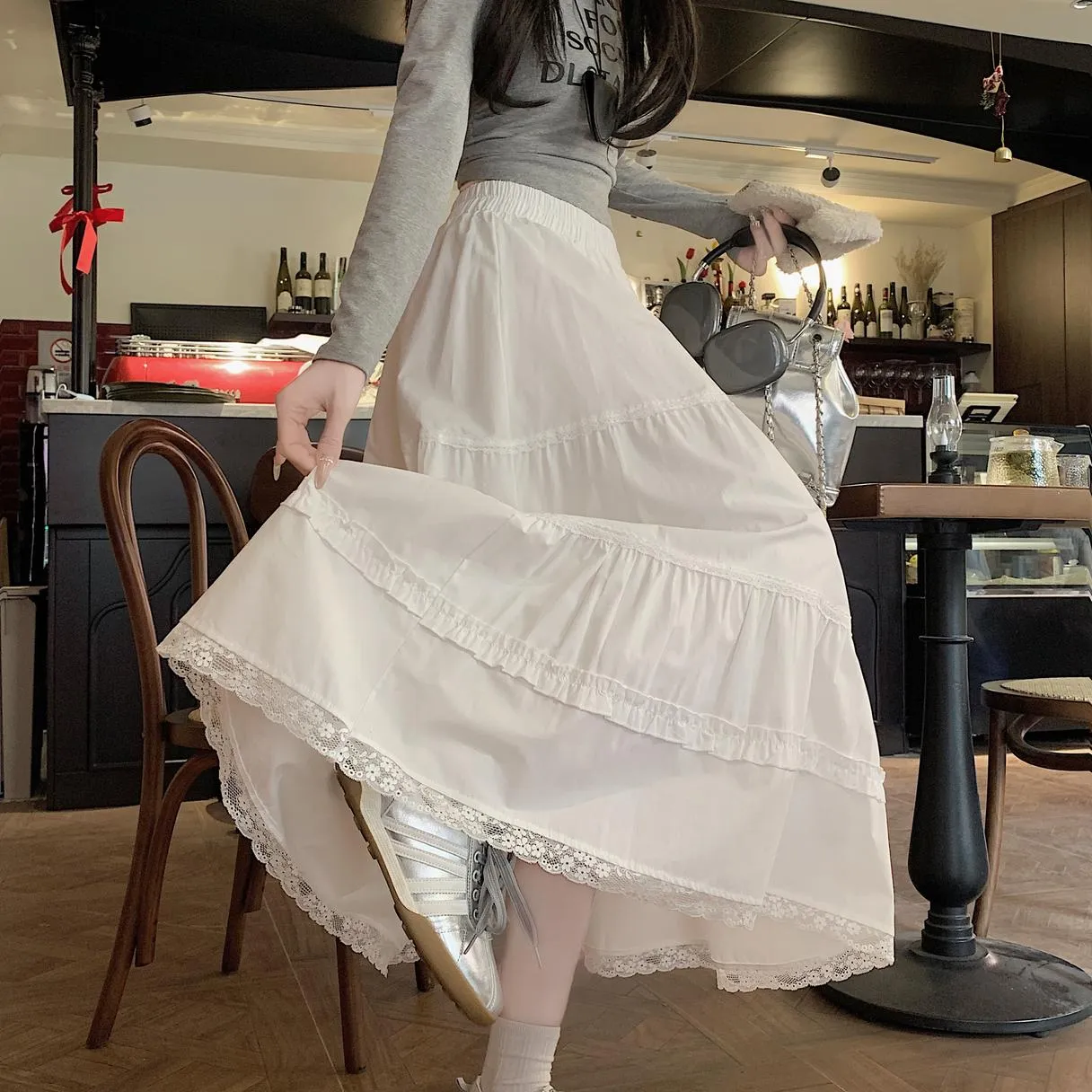 Floral Lace-Trimmed Elastic-Waisted Maxi Skirt