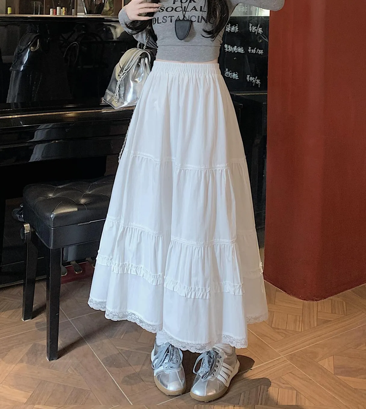 Floral Lace-Trimmed Elastic-Waisted Maxi Skirt