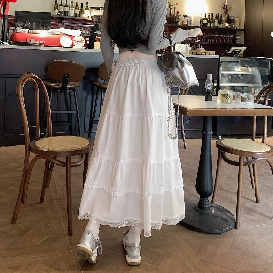 Floral Lace-Trimmed Elastic-Waisted Maxi Skirt