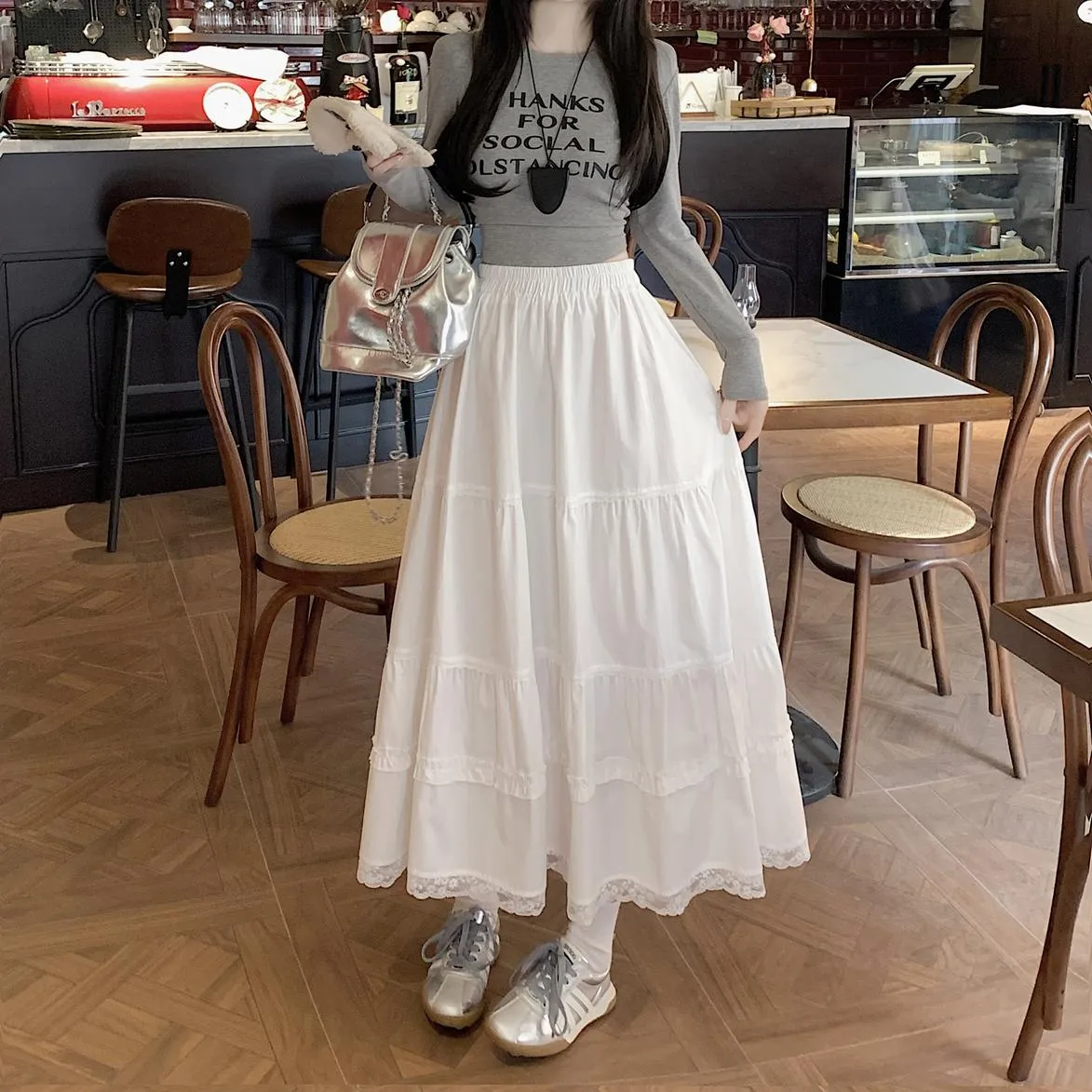 Floral Lace-Trimmed Elastic-Waisted Maxi Skirt