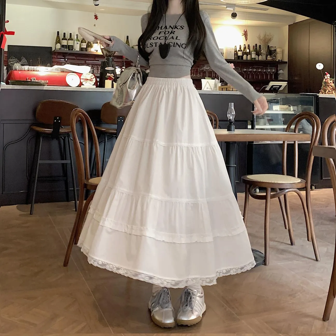 Floral Lace-Trimmed Elastic-Waisted Maxi Skirt