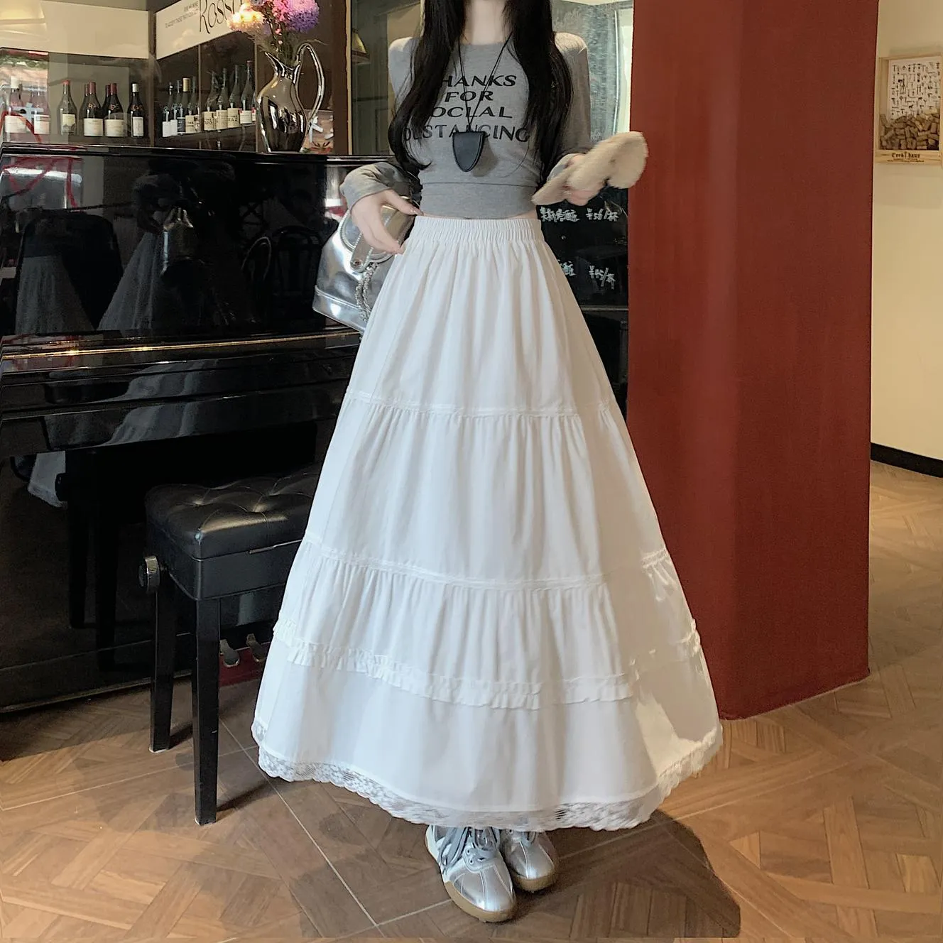 Floral Lace-Trimmed Elastic-Waisted Maxi Skirt