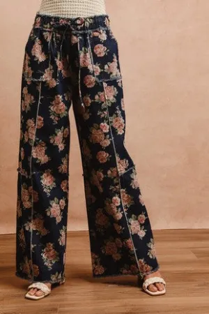 Floral Print Denim Wide Leg Pant