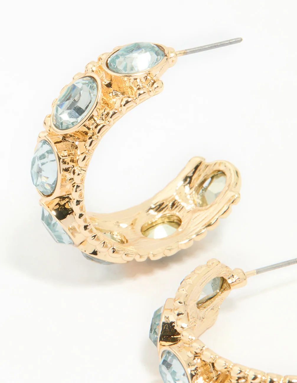 Gold Blue Stone Textured Hoop Earrings