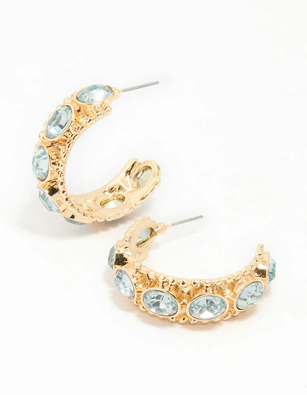Gold Blue Stone Textured Hoop Earrings