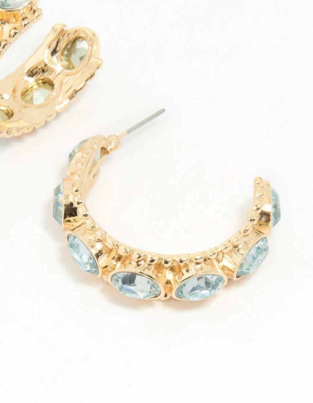 Gold Blue Stone Textured Hoop Earrings
