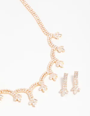 Gold Cubic Zirconia Scalloped Flower Necklace & Earrings Set