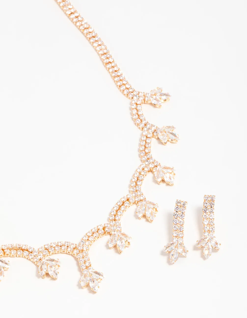 Gold Cubic Zirconia Scalloped Flower Necklace & Earrings Set
