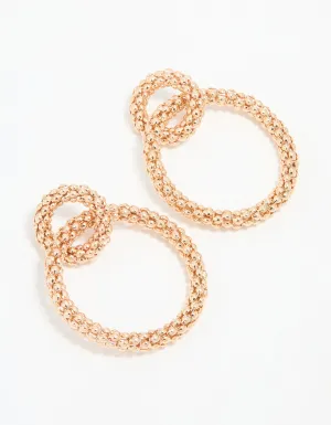 Gold Textured Double Circle Drop Earrings