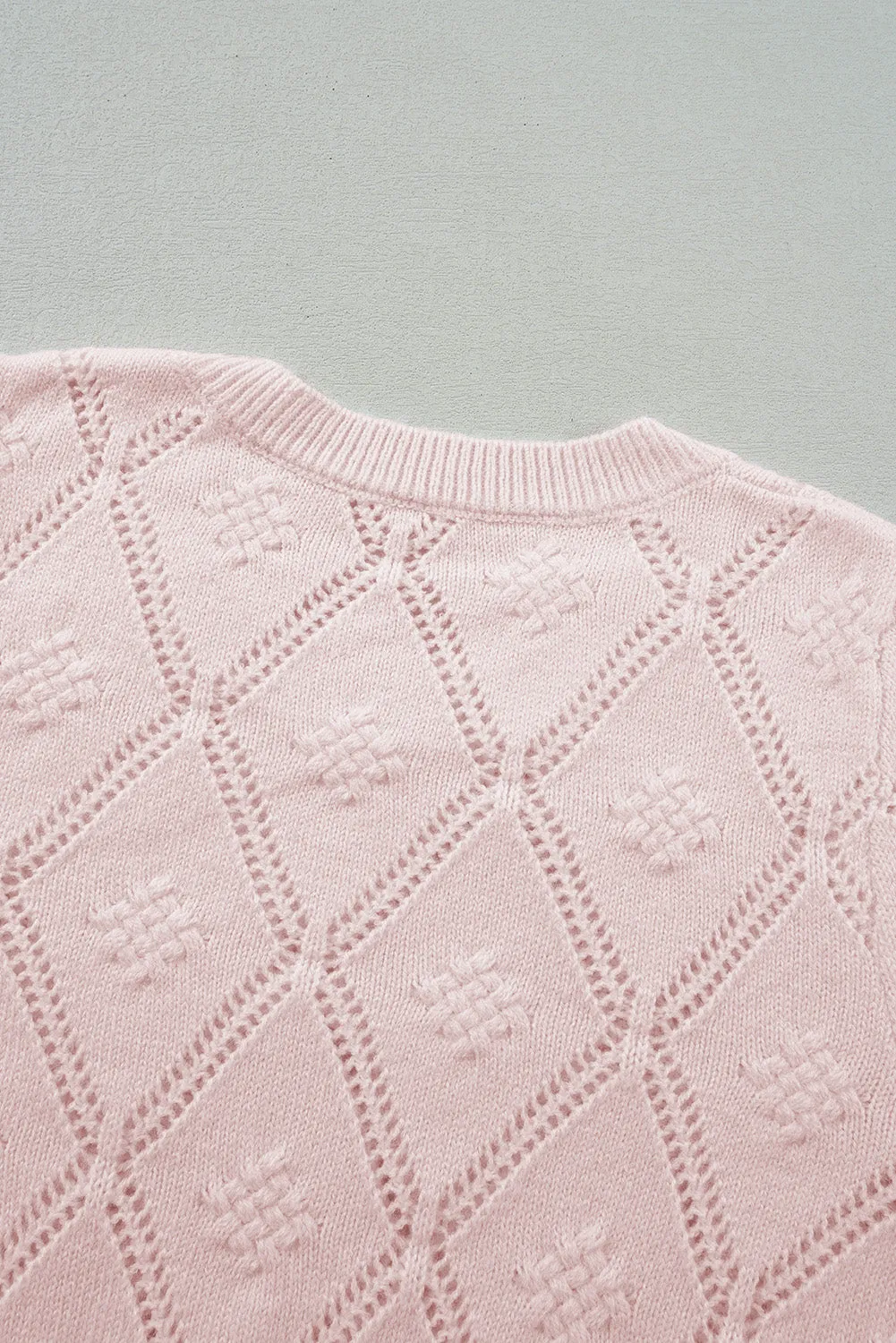 Gossamer Pink Openwork Plaid Puff Sleeve Cropped Sweater