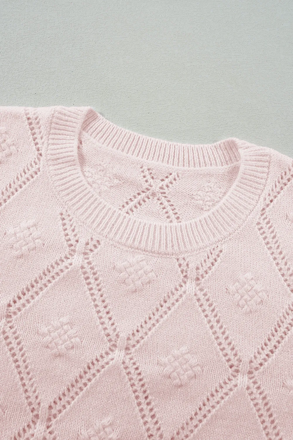Gossamer Pink Openwork Plaid Puff Sleeve Cropped Sweater