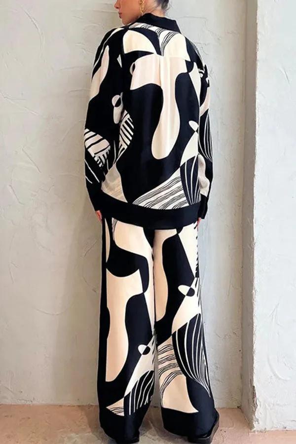 Graphic Printed Long Sleeve Blouse Shirt Wide Leg Pants 2 Pieces Set