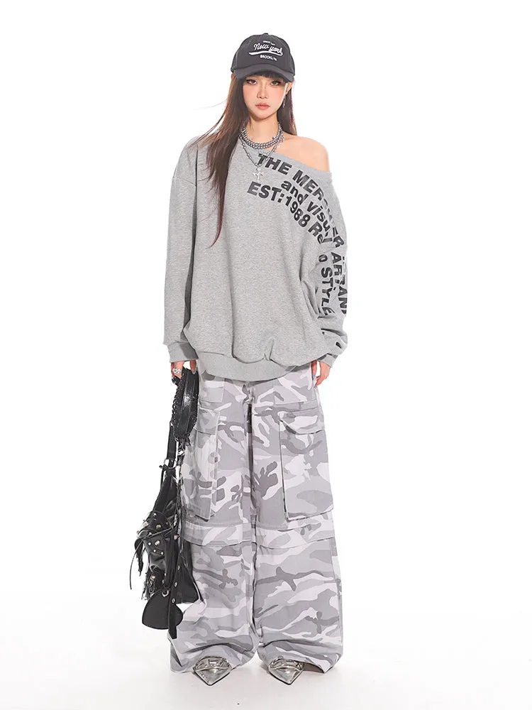 Gray Camo Wide Leg Cargo Pants