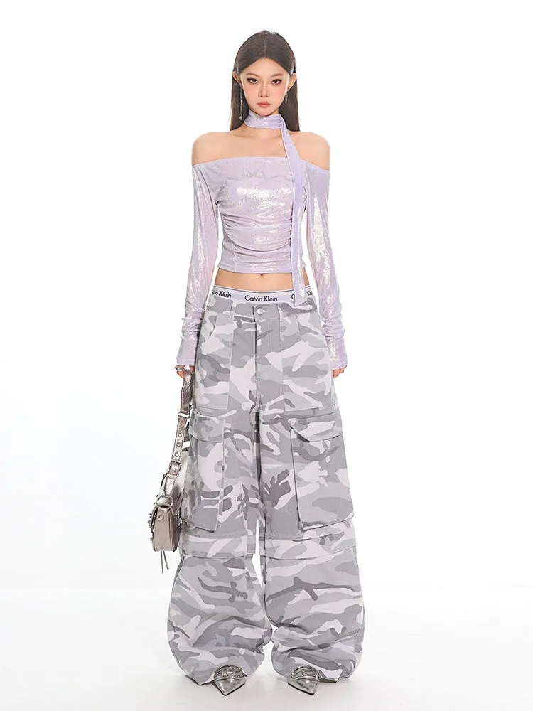 Gray Camo Wide Leg Cargo Pants