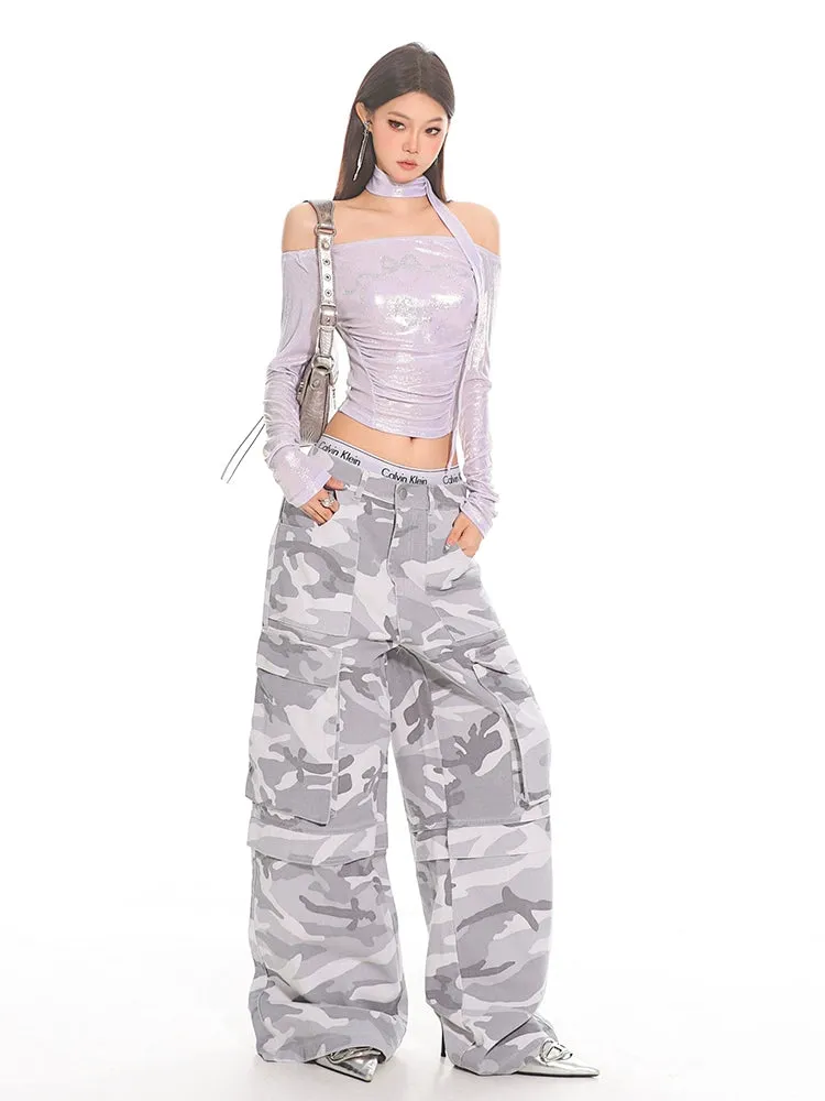 Gray Camo Wide Leg Cargo Pants