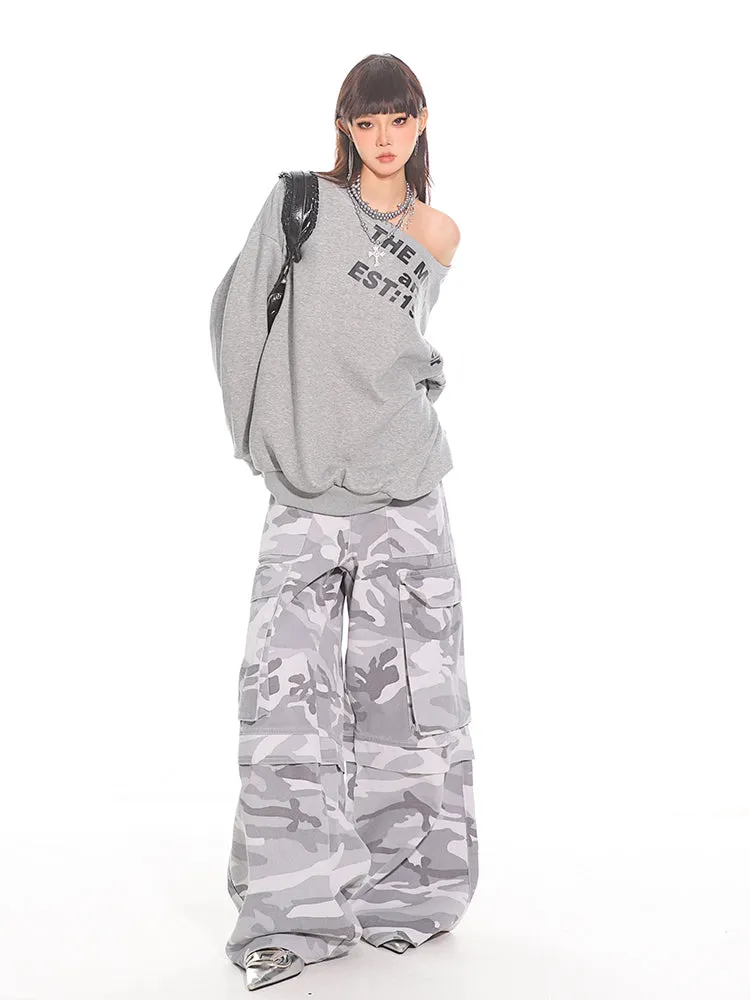 Gray Camo Wide Leg Cargo Pants