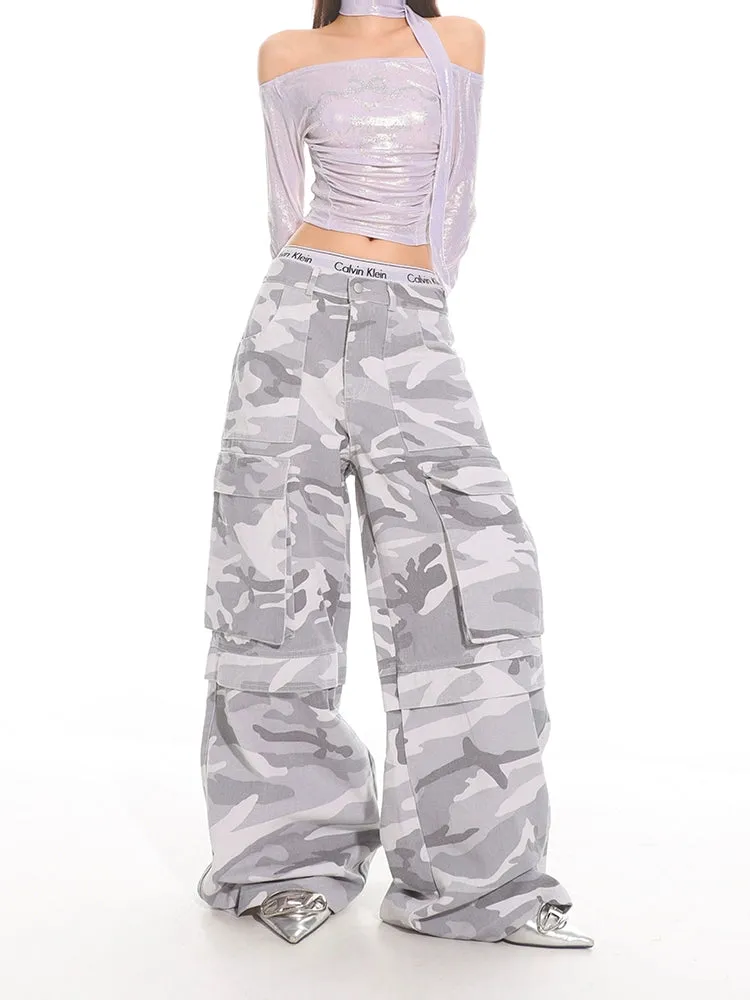Gray Camo Wide Leg Cargo Pants