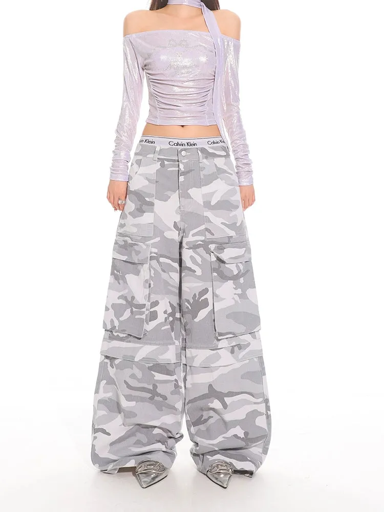 Gray Camo Wide Leg Cargo Pants