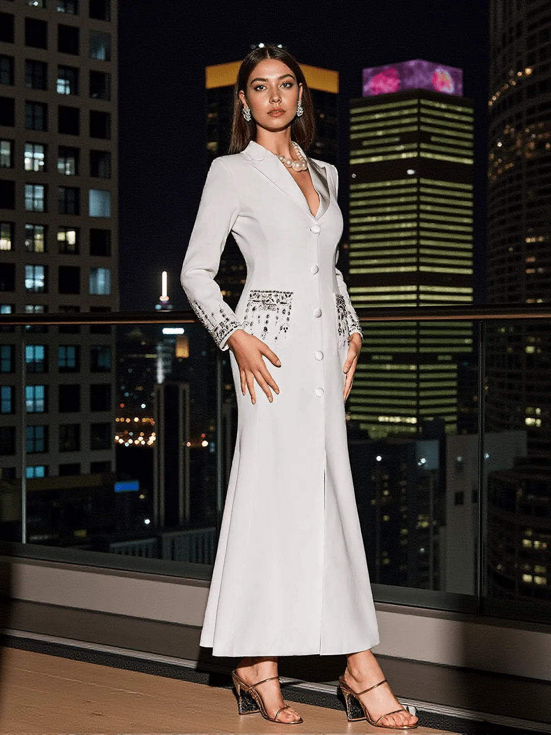 Hassan Rhinestone Blazer Dress In White