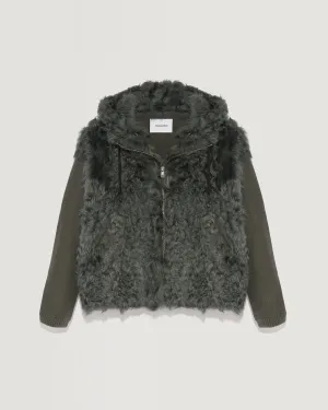 Hooded jacket in knit and curly lamb