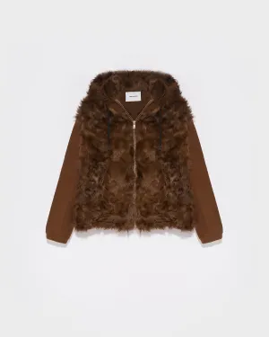 Hooded jacket in knit and curly lamb