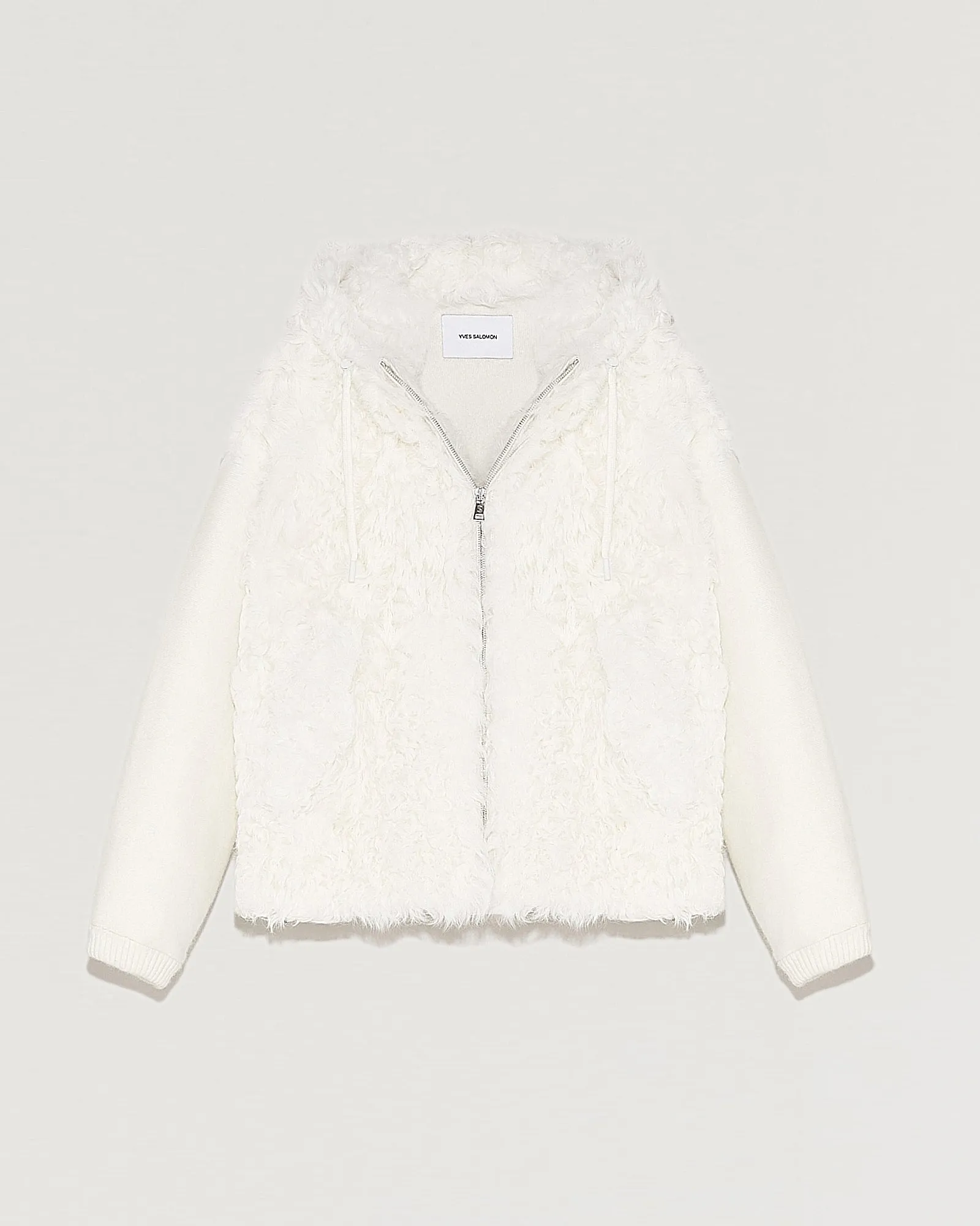 Hooded jacket in knit and curly lamb