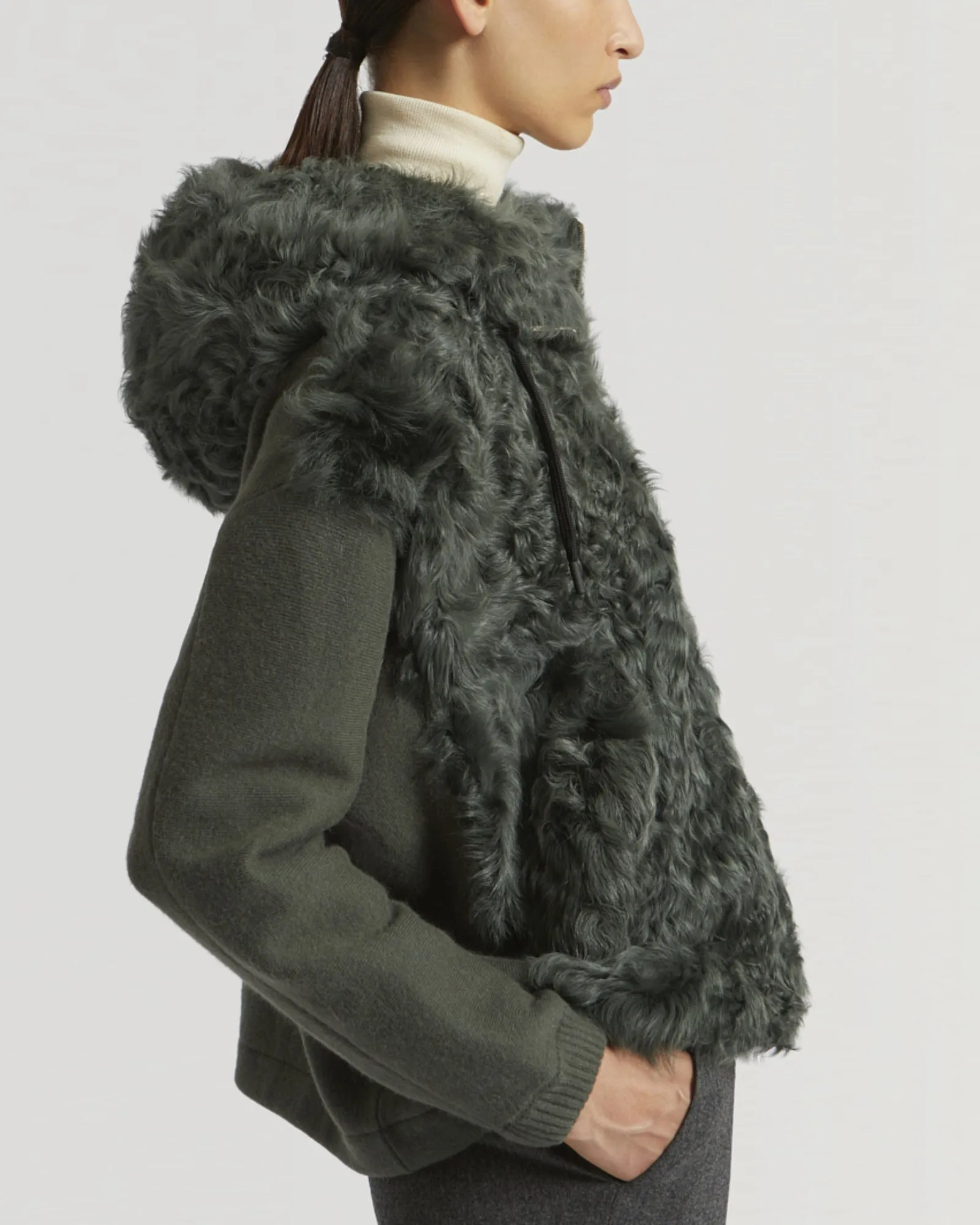Hooded jacket in knit and curly lamb