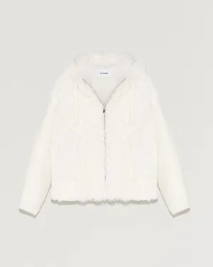 Hooded jacket in knit and curly lamb