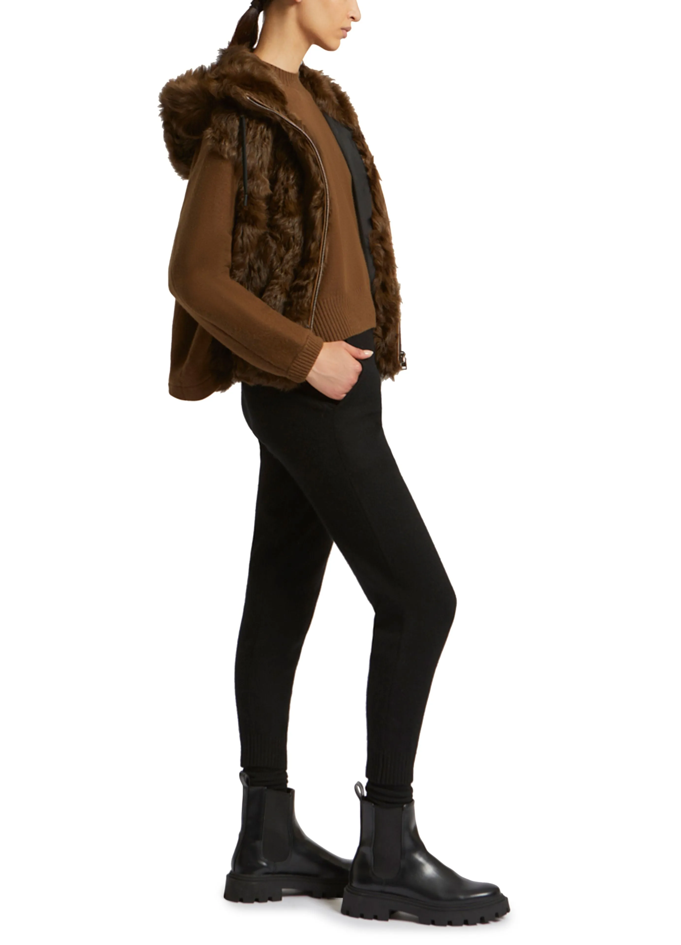Hooded jacket in knit and curly lamb