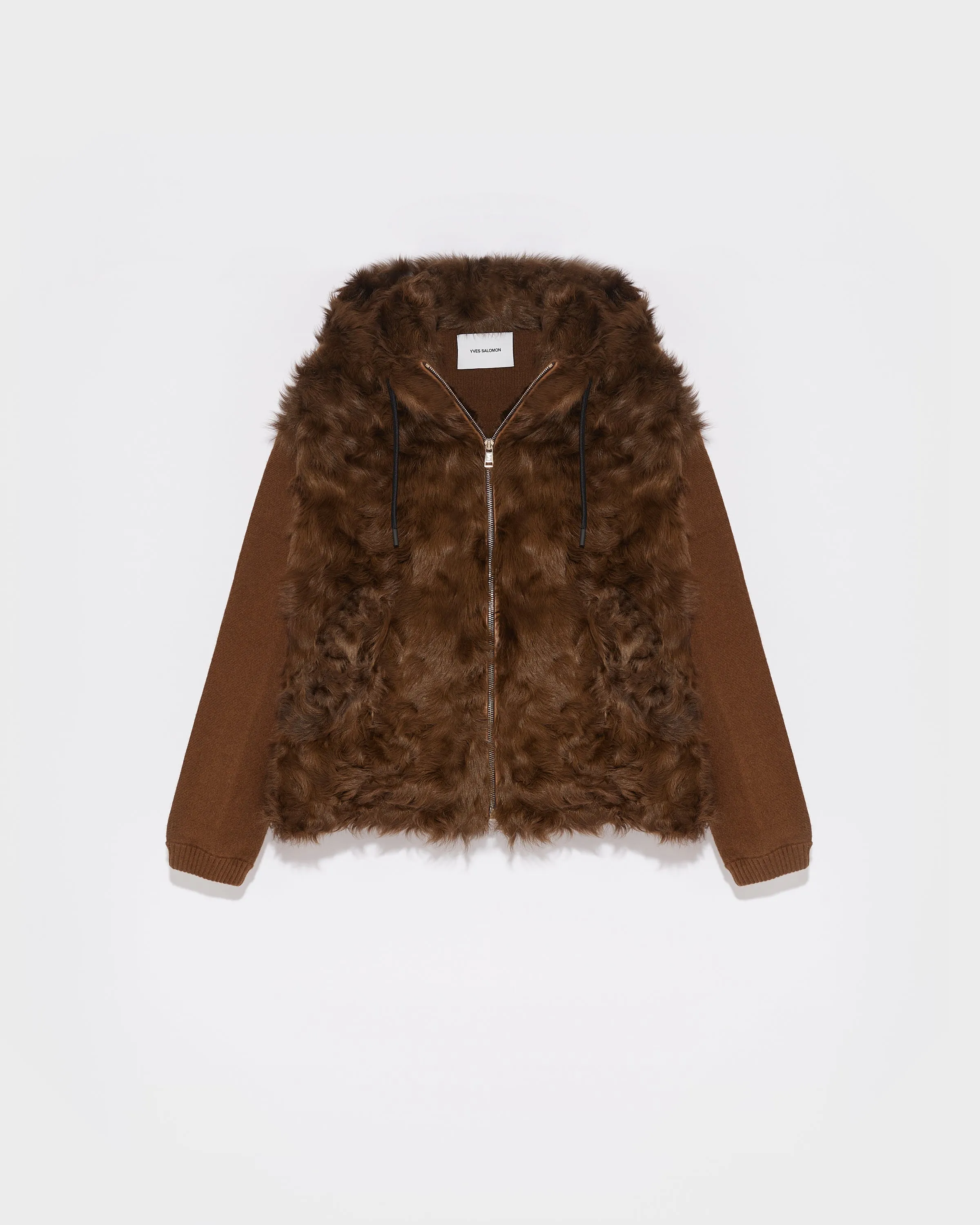 Hooded jacket in knit and curly lamb