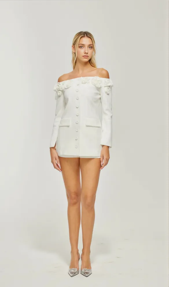 JEANNE FAUX-FLOWER BLAZER DRESS SET IN WHITE