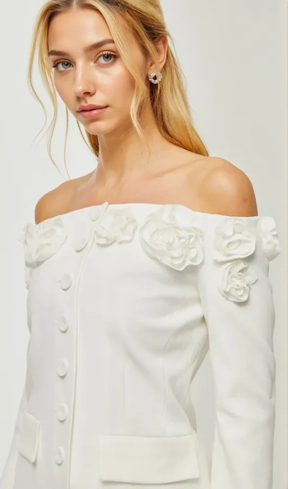 JEANNE FAUX-FLOWER BLAZER DRESS SET IN WHITE