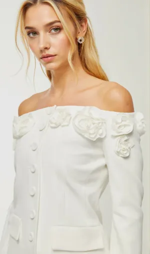 JEANNE FAUX-FLOWER BLAZER DRESS SET IN WHITE