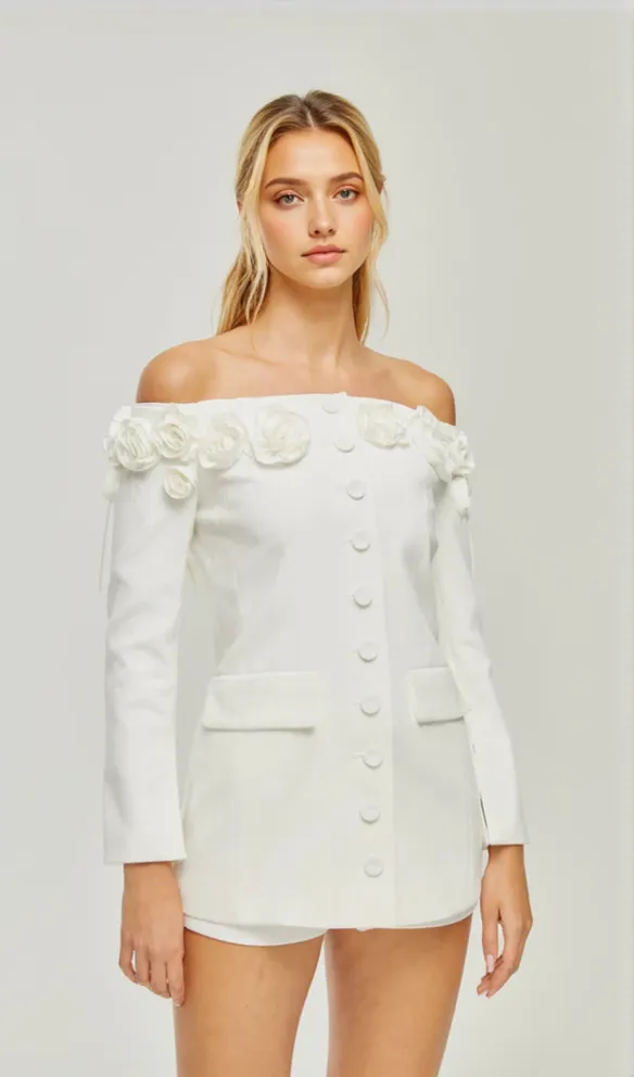 JEANNE FAUX-FLOWER BLAZER DRESS SET IN WHITE