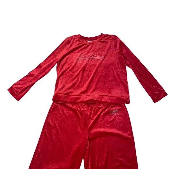Juicy Couture Red Rhinestone Velour Y2K Holiday 2 Piece Pajama Lounge Set Sz XL