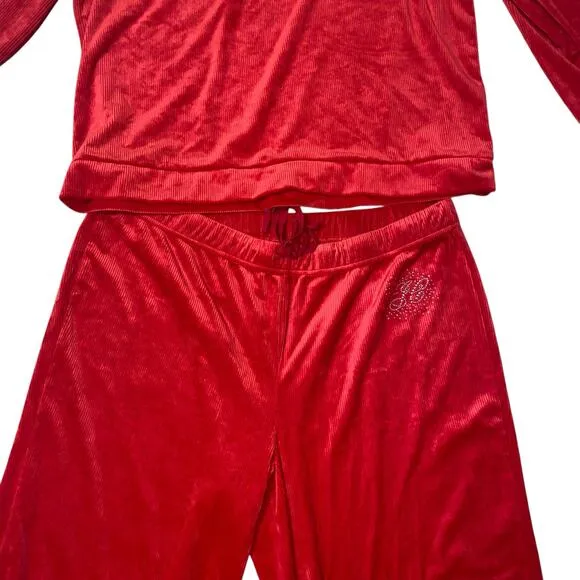 Juicy Couture Red Rhinestone Velour Y2K Holiday 2 Piece Pajama Lounge Set Sz XL