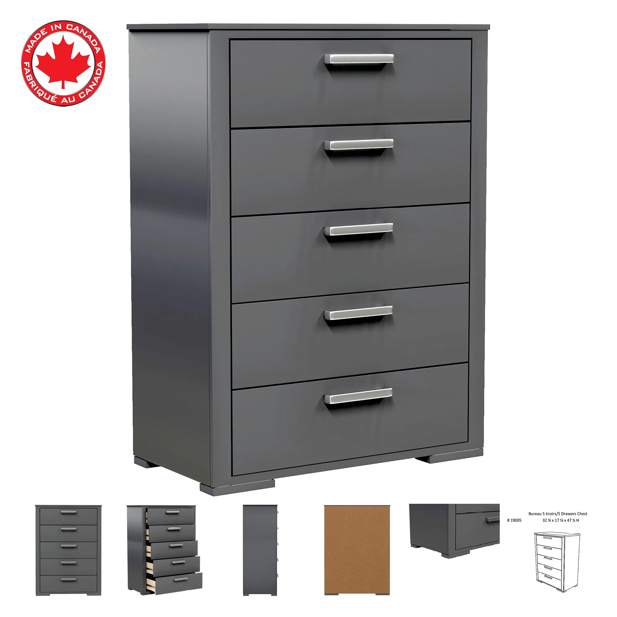 karlstad 5 drawer chest office storage organization, dark grey