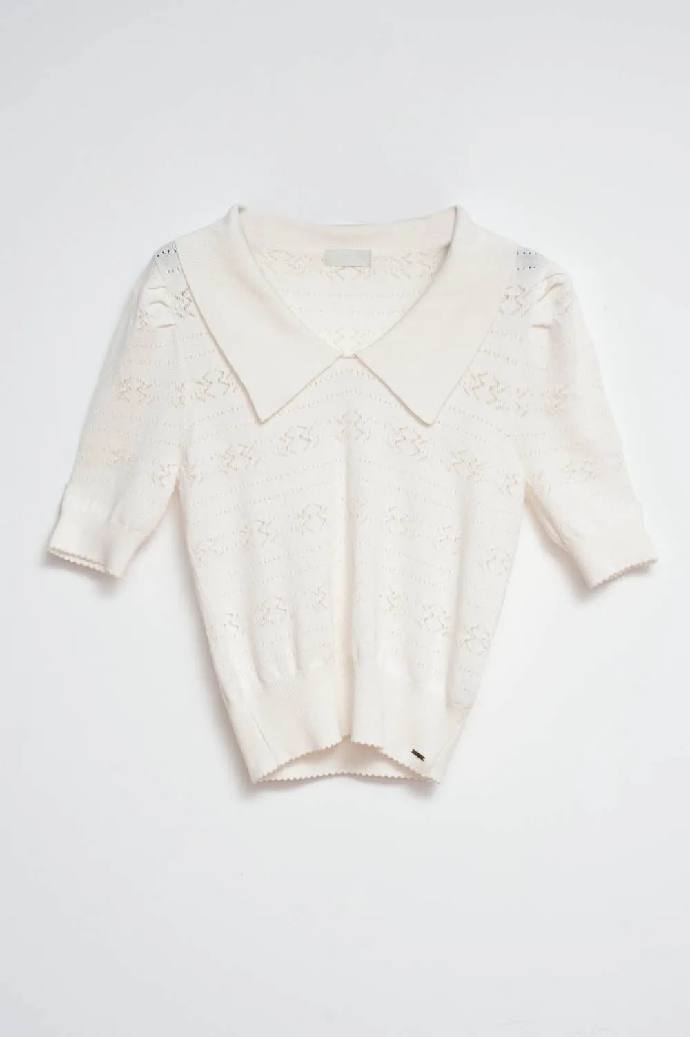 Knitted pointelle polo neck jumper in cream
