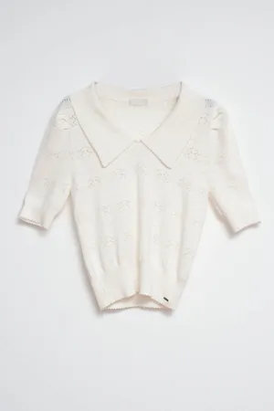 Knitted pointelle polo neck jumper in cream