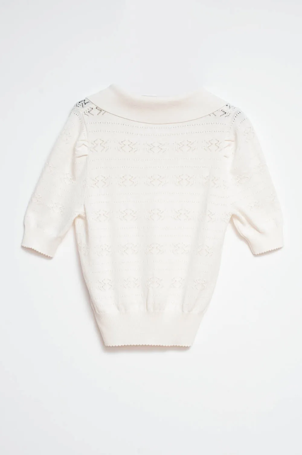 Knitted pointelle polo neck jumper in cream